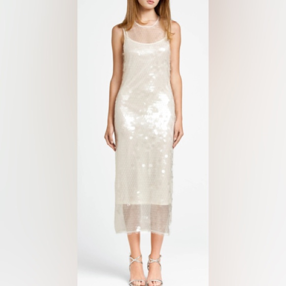 Wayf Cream Sequin Slip Midi Dress